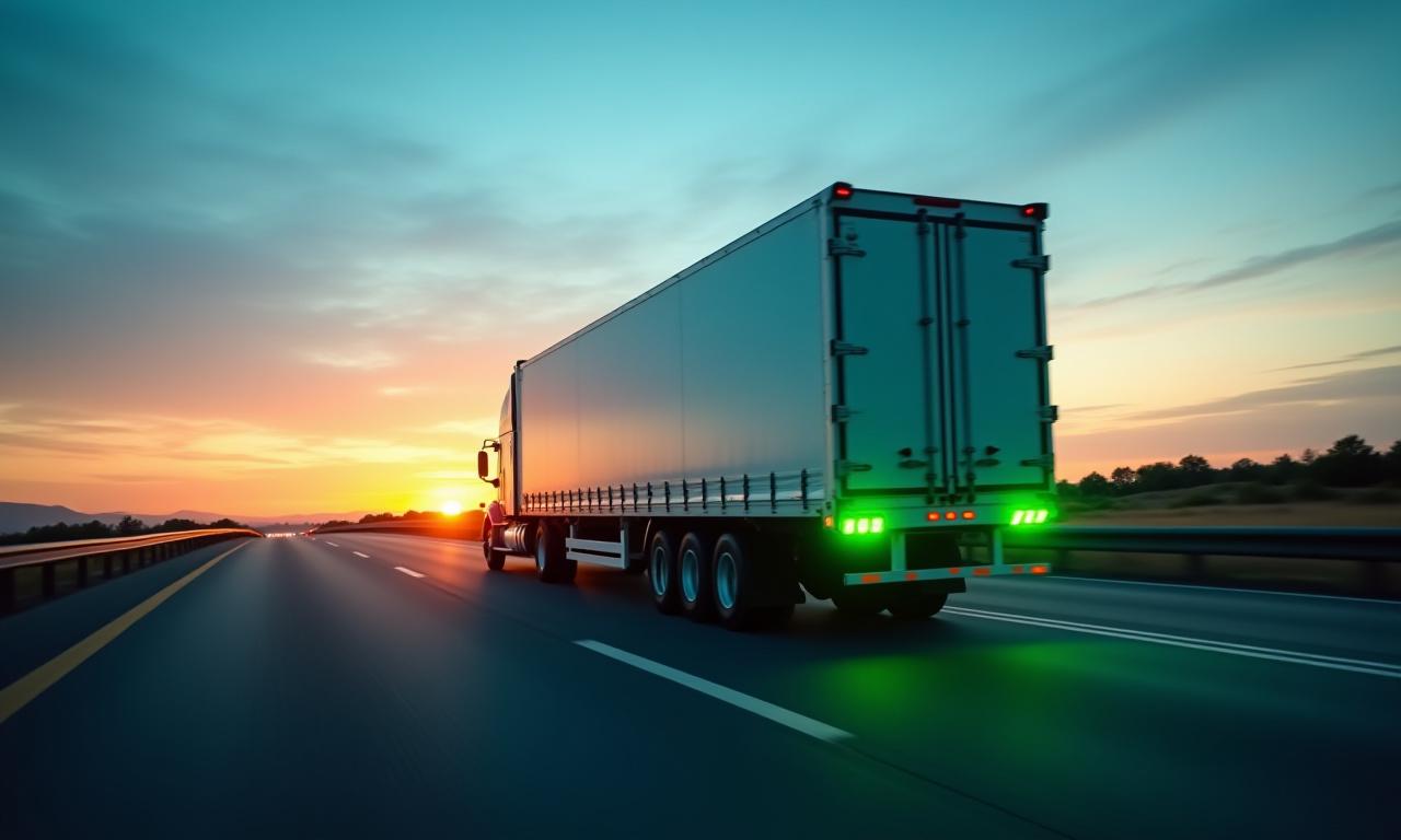 Modern temperature-controlled cargo truck on sunset highway