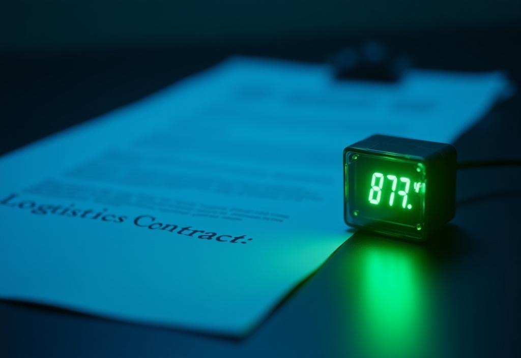 Close up of a professional contract and a high-tech digital thermometer representing cold chain legalities
